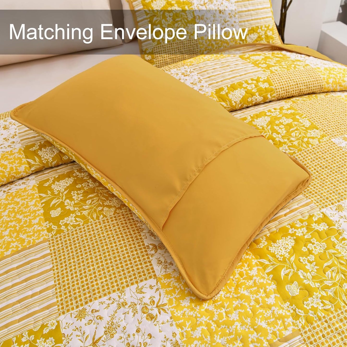 Mybedsoul Yellow Boho Quilt Set King Size,3 Pieces Plaid Floral Bedspread Coverlet Set Summer,Patchwork Reversible Bedding Set King 90"x104"