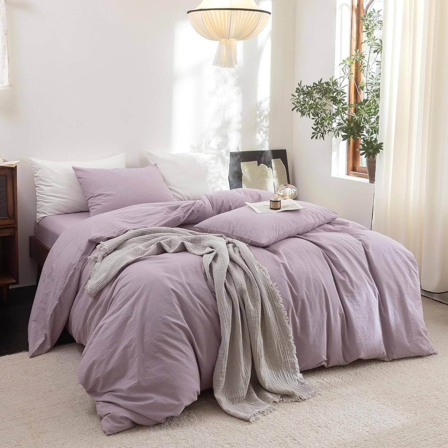 FOSSA Duvet Cover Set 100% Washed Cotton Linen Feel Super Soft Breathable Cozy 3 Pieces Bedding Sets Solid Light Purple Queen