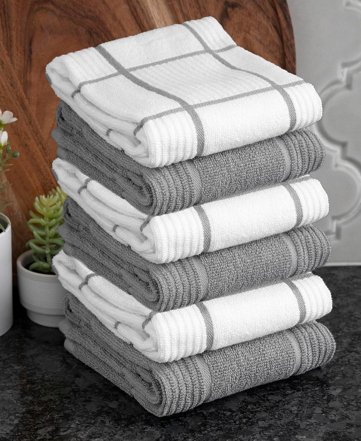 T-Fal Solid & Checked Parquet Kitchen Towels: Highly Absorbent, Super Soft Long Lasting - 100% Cotton, 16"x26" Dish Towels for Cleaning & Drying Dishes, Pans, Glassware, Countertops, 6-Pack, Gray