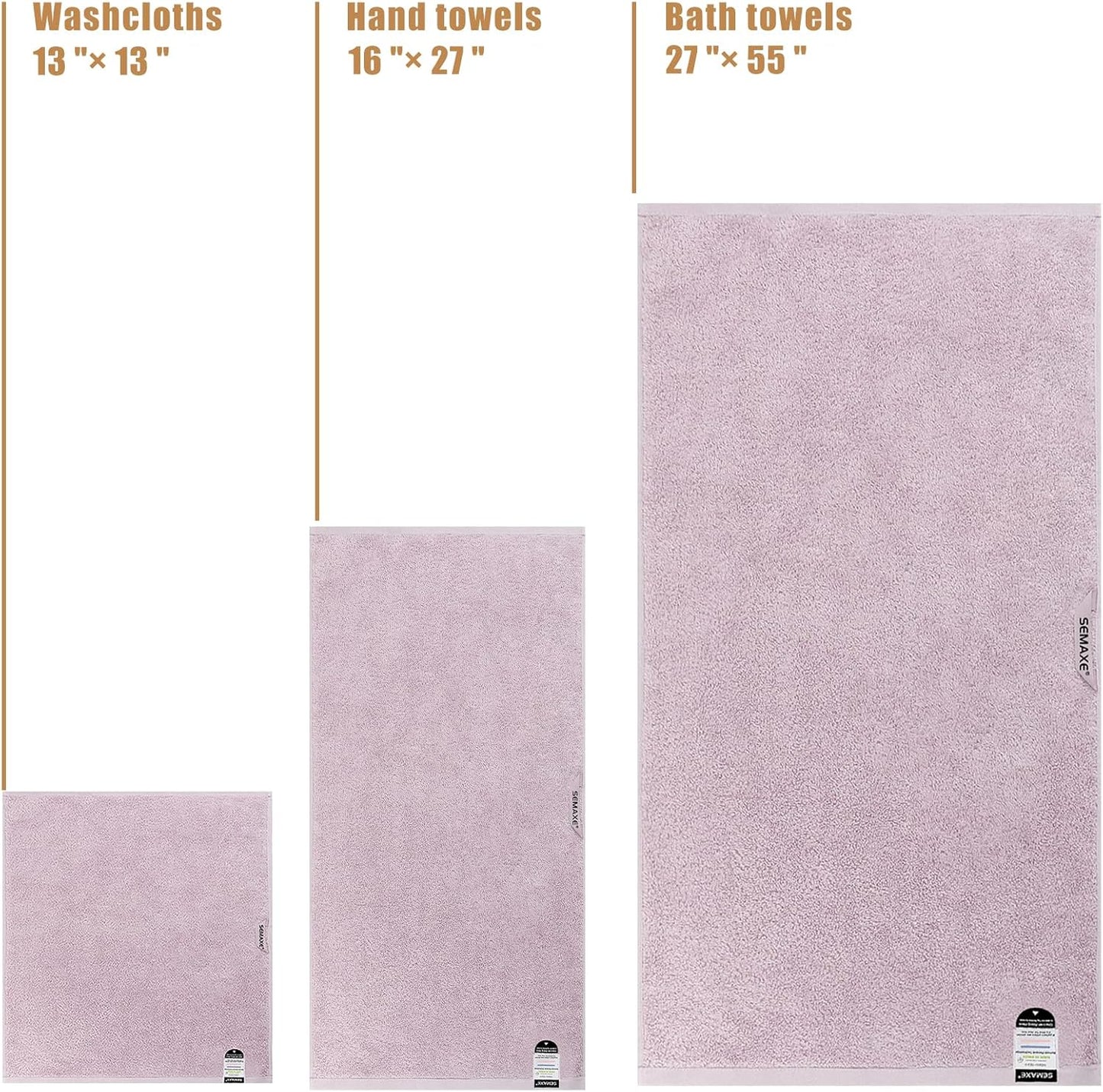 SEMAXE Bath Towel Set, 100% Cotton Absorbent Bathroom Towels with Hanging Loops and Nano-Bio Lifecycle Labels, 8 Piece Towel Set Include 2 Bath Towels, 2 Hand Towels, 4 Washcloths, Purple