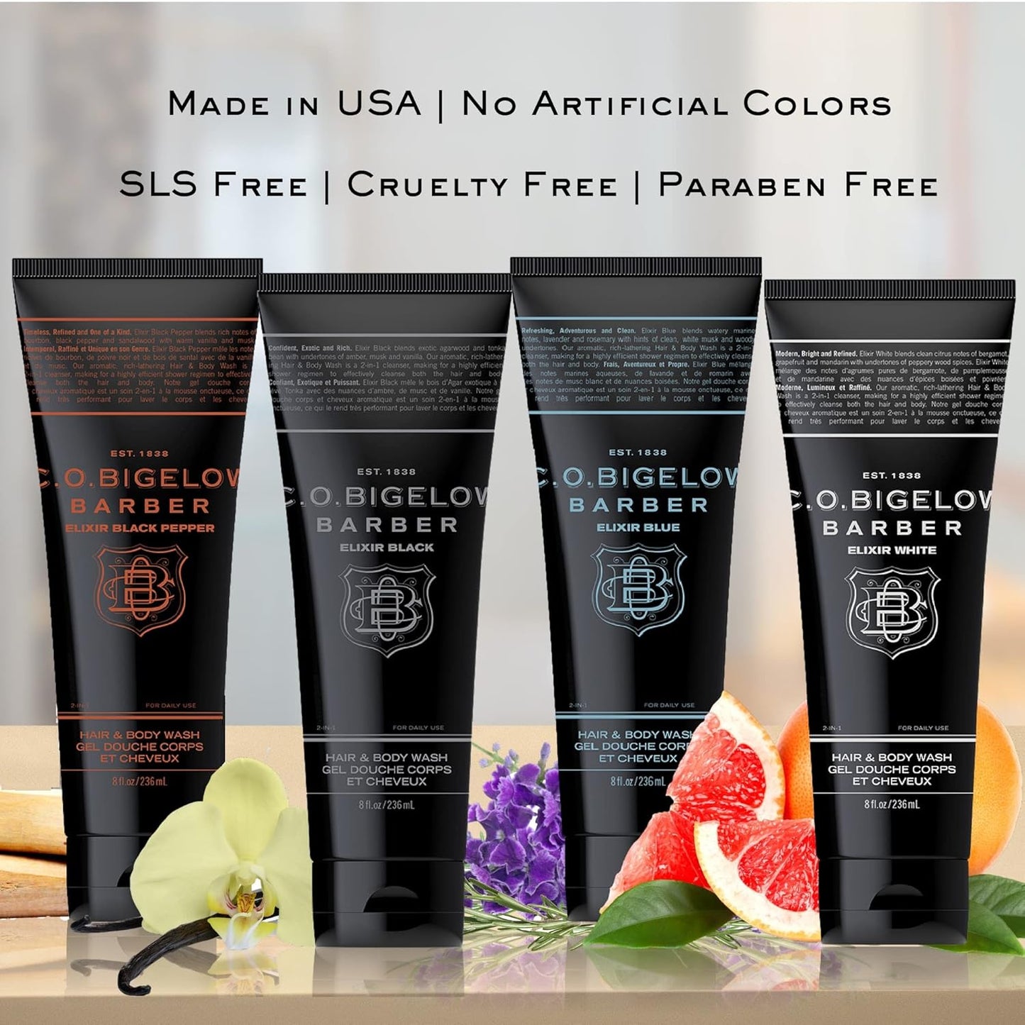 C.O. Bigelow Elixir White Hair & Body Wash for Men, Pack of 2 Spice & Citrus Scented Men's 2 in 1 Shampoo & Body Wash, 8 Fl Oz
