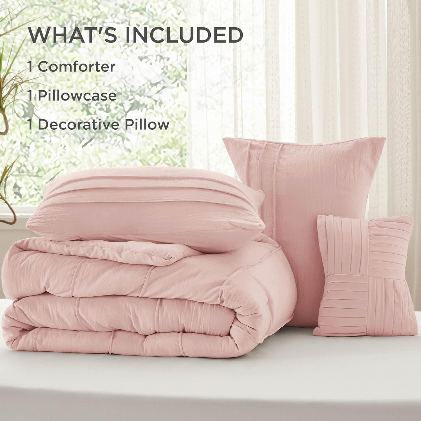 Bedsure Twin Comforter Set - 3 Pieces Pinch Pleat Bed Set, Light Pink Boho Bedding for All Season, 1 Soft Comforter, 1 Pillowcase, 1 Decorative Pillow