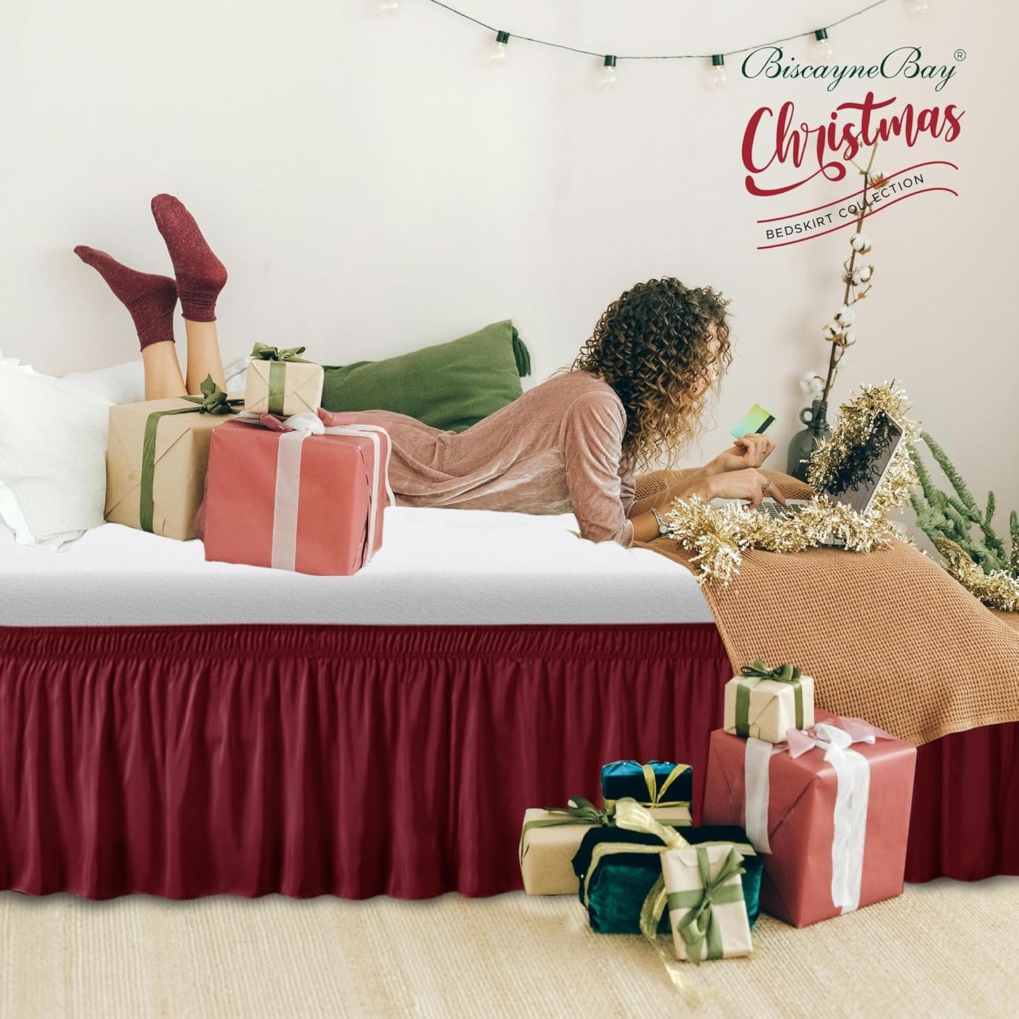 Biscaynebay Wrap Around Bed Skirts for Queen Beds 22" Drop, Burgundy Adjustable Elastic Dust Ruffles Easy Fit Wrinkle & Fade Resistant Silky Luxurious Fabric Solid Machine Washable