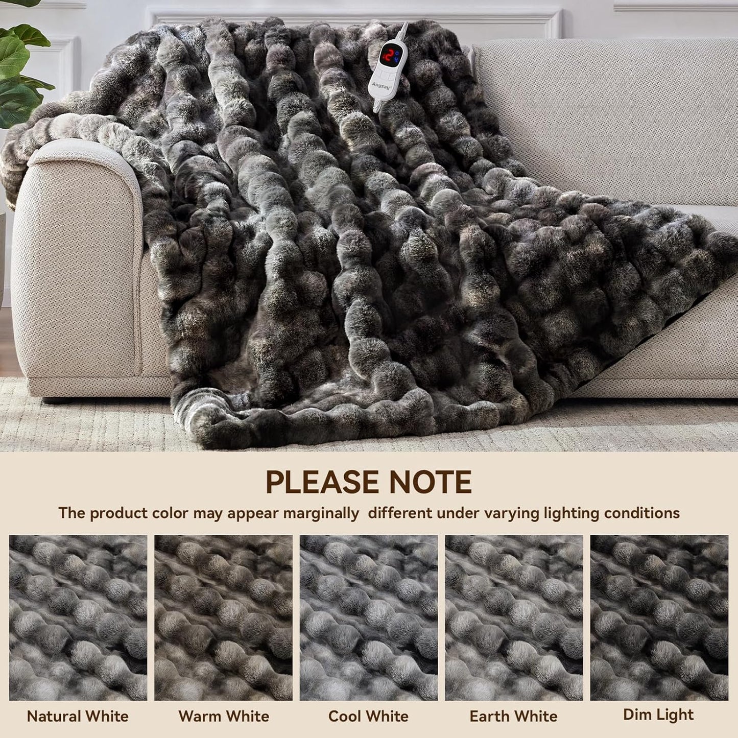 Heated Blanket Throw with 1/2/4/6/8 Hours Auto-Off 10 Heat Level, 50'' * 60'' Cozy Faux Rabbit Fur Bubble Electric Blanket with Overheat Protection(Tie-Dye Dark Grey)