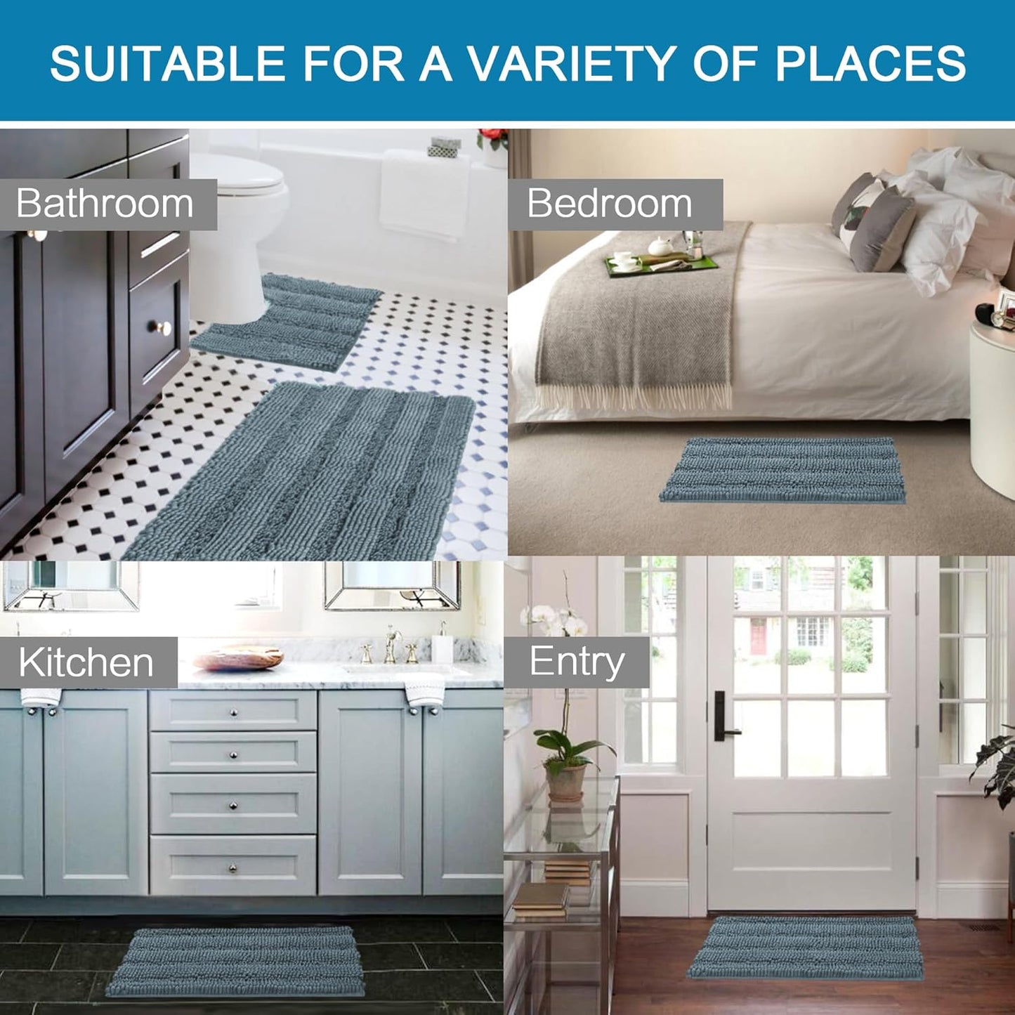 H.VERSAILTEX Bathroom Rugs Bath Rug Set 2 Piece Bathroom Contour Rug Toilet Mat Sets Non Slip Contour Bath Rug Ultra Thick Water Absorbent Striped Bath Mats(47" x 17" Plus 20" x 20" U, Stone Blue)