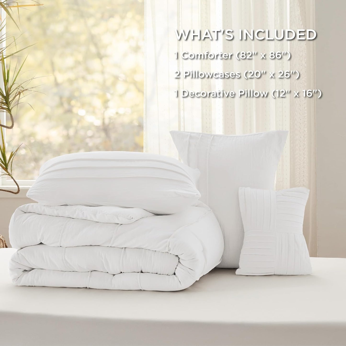 Bedsure Full Comforter Set - 4 Pieces Pinch Pleat Bed Set, White Boho Bedding for All Season, 1 Soft Comforter, 2 Pillowcases, 1 Decorative Pillow