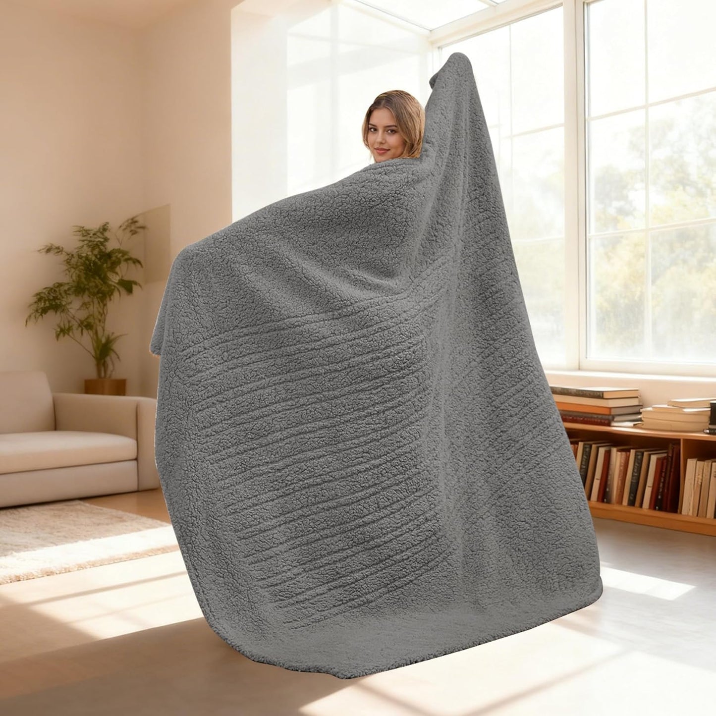 Electric Heated Blanket Queen 84×90 Dual Control, 6 Heating Settings & 1-10H Auto Off, Double Sided Plush Sherpa Ultra-Soft Warm Thick, Machine Washable, Fast Heating, Home Office Light Gray
