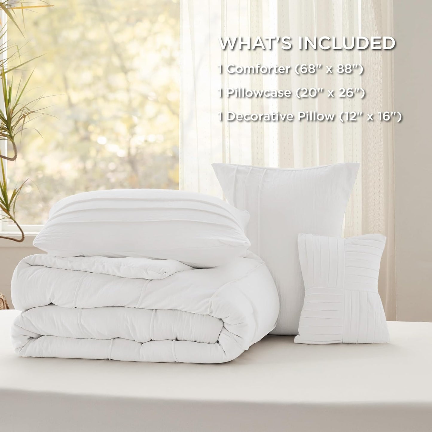 Bedsure White Twin Comforter Set - 3 Pieces Pinch Pleat Bed Set, Down Alternative Bedding Sets for All Season, 1 Comforter, 1 Pillowcase, 1 Decorative Pillow