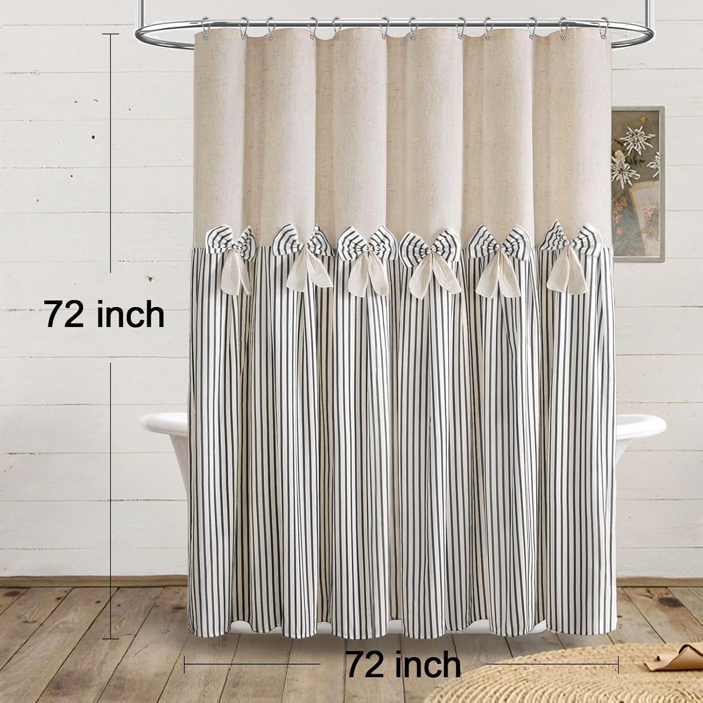 Farmhouse Shower Curtain Linen Bow Woven Fabric Country Rustic Western, Pleated Black Stripe 72" W x 72" L