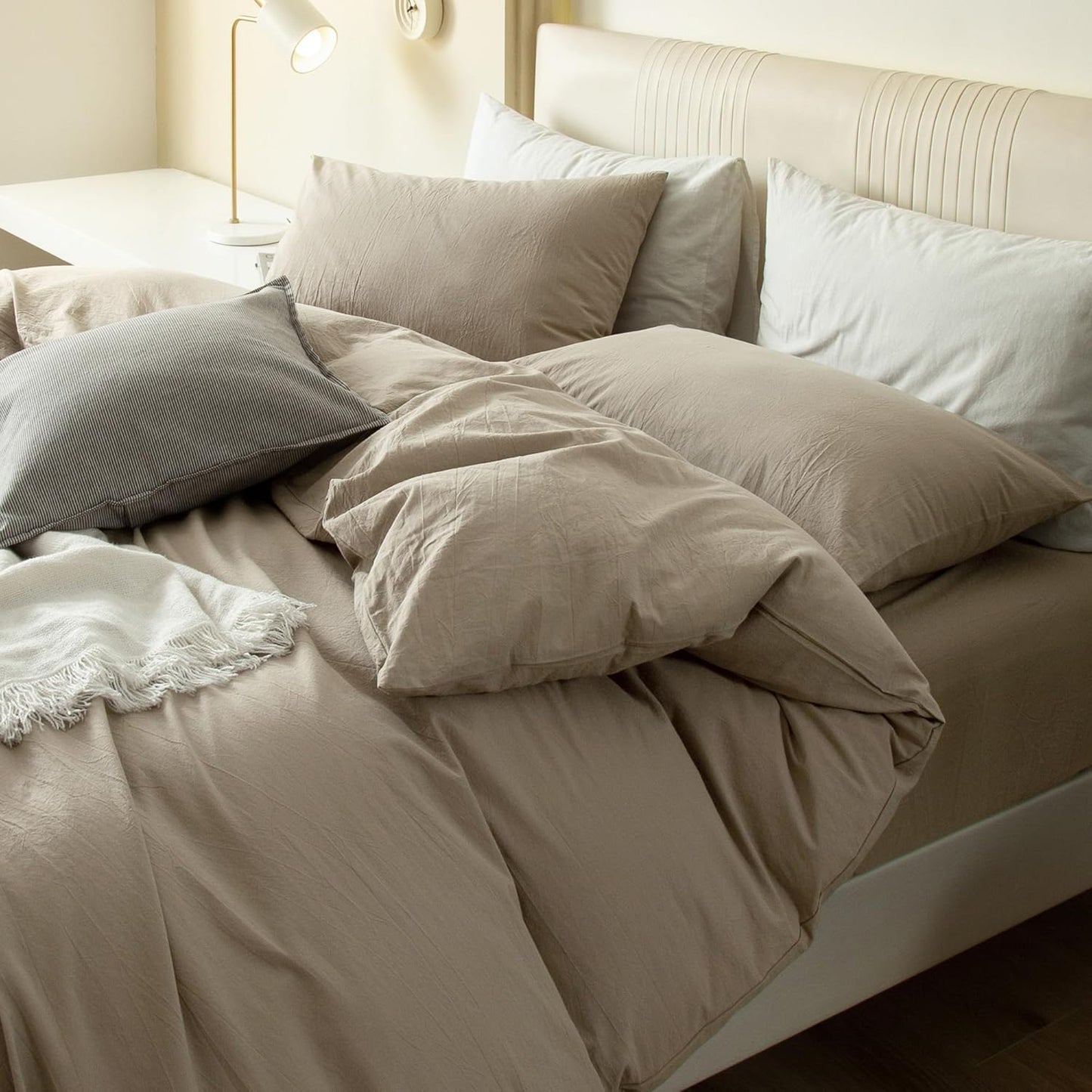 JIYUAN 100% Washed Cotton Duvet Cover Set 3 Pieces Super Queen, 1 Duvet Cover 90x98 Inches(Comforter Not Included) and 2 Pillowcases,Linen Feel Bedding Set Comfy and Breathable,Khaki