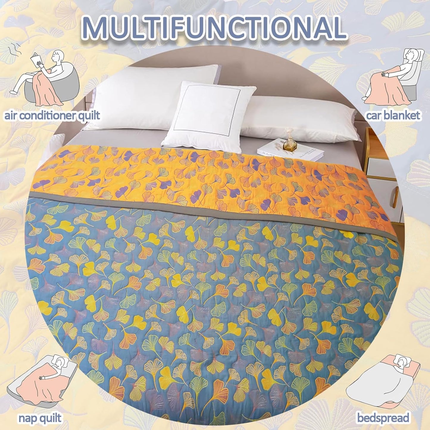 Ginkgo Leaf Cotton Quilt Blue Orange Reversible King Size Bedspread Coverlet for All Seasons Lightweight Muslin Quilt Throw Blanket for Bed, Couch (King)