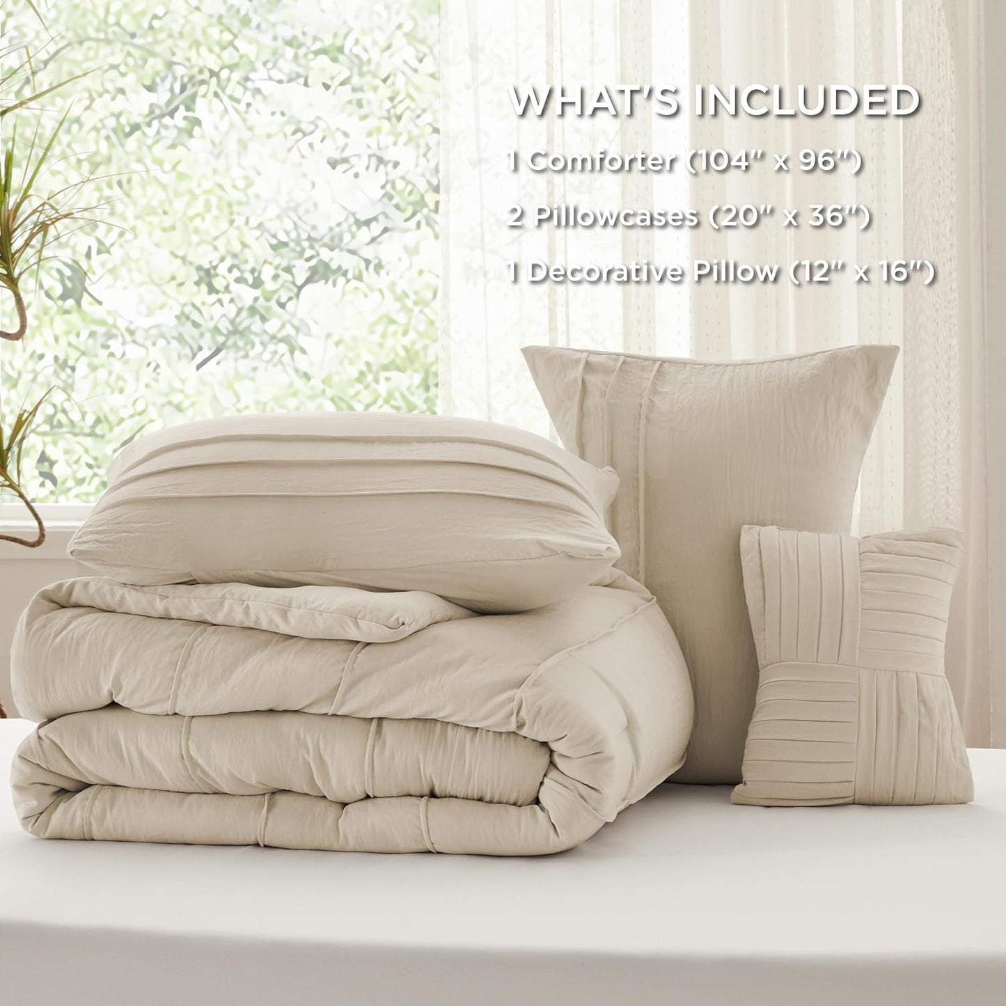 Bedsure California King Comforter Set - 4 Pieces Pinch Pleat Bed Set, Linen Boho Bedding for All Season, 1 Soft Comforter, 2 Pillowcases, 1 Decorative Pillow