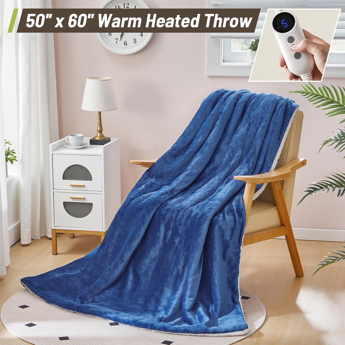 Electric Heated Blanket Throw 50"x60" - Soft Cozy Flannel & Sherpa Fabric Dual-Sided, 9 Heat Settings & 2-10 Hours Auto Off, Warming Heated Throw for Home Office, Machine Washable, Blue