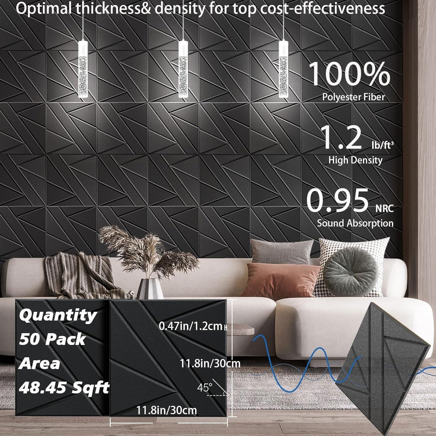 50 Pack Bulk Self-Adhesive Soundproof Wall Panels, 12 x 12 x 0.47 in Sound Proof Foam Panels for Walls, 1.2lb/ft³ High Density, Thicker 0.47in, Acoustic Panels, Duty for Large Walls Black