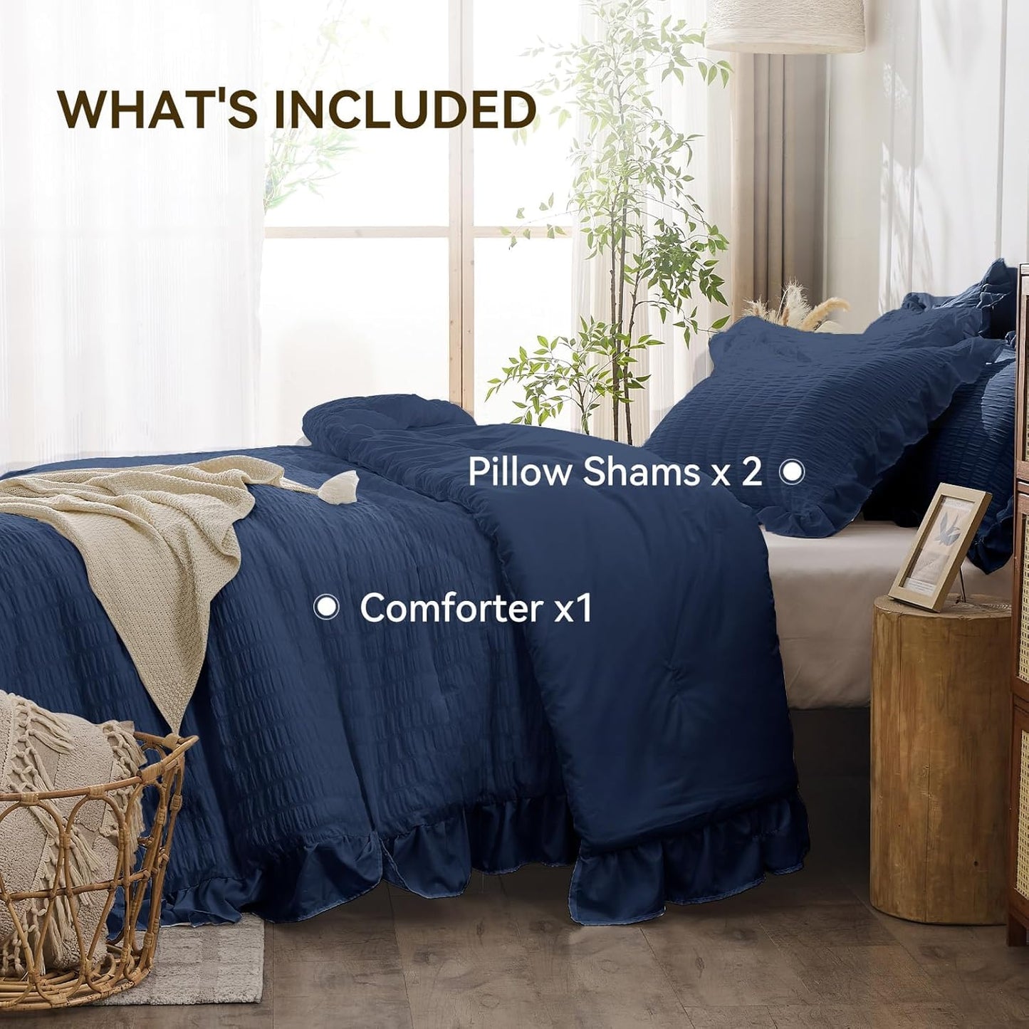 JOLLYVOGUE Navy Blue Comforter Full Size, 3 Pieces Seersucker Lightweight Full Size Bedding, All Season Fluffy Microfiber Bedding Comforter Set with 1 Ruffle Comforter and 2 Ruffle Pillowshams