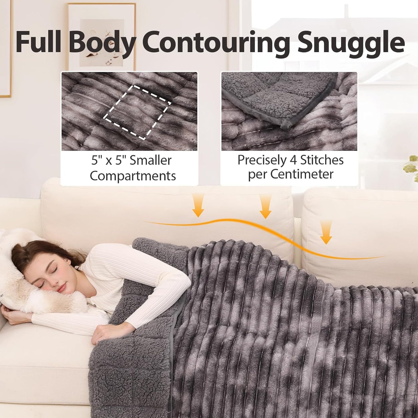 Sherpa Fleece Weighted Blanket with 3D Ribbed Stripes, 15 lbs Soft Flannel Heavy Throw Blanket for Couch Bed Sofa, Heavy Thick Blankets with Ceramic Beads, Great for Sleep, 48" x 72"