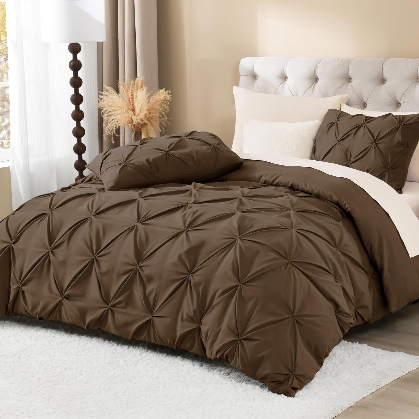 Litanika Brown California King Pinch Pleat Duvet Cover, 3 Pieces Pintuck Cover Soft Microfiber Bedding Set with Zipper Closure & Corner Ties(1 Duvet Cover, 2 Pillowcases)