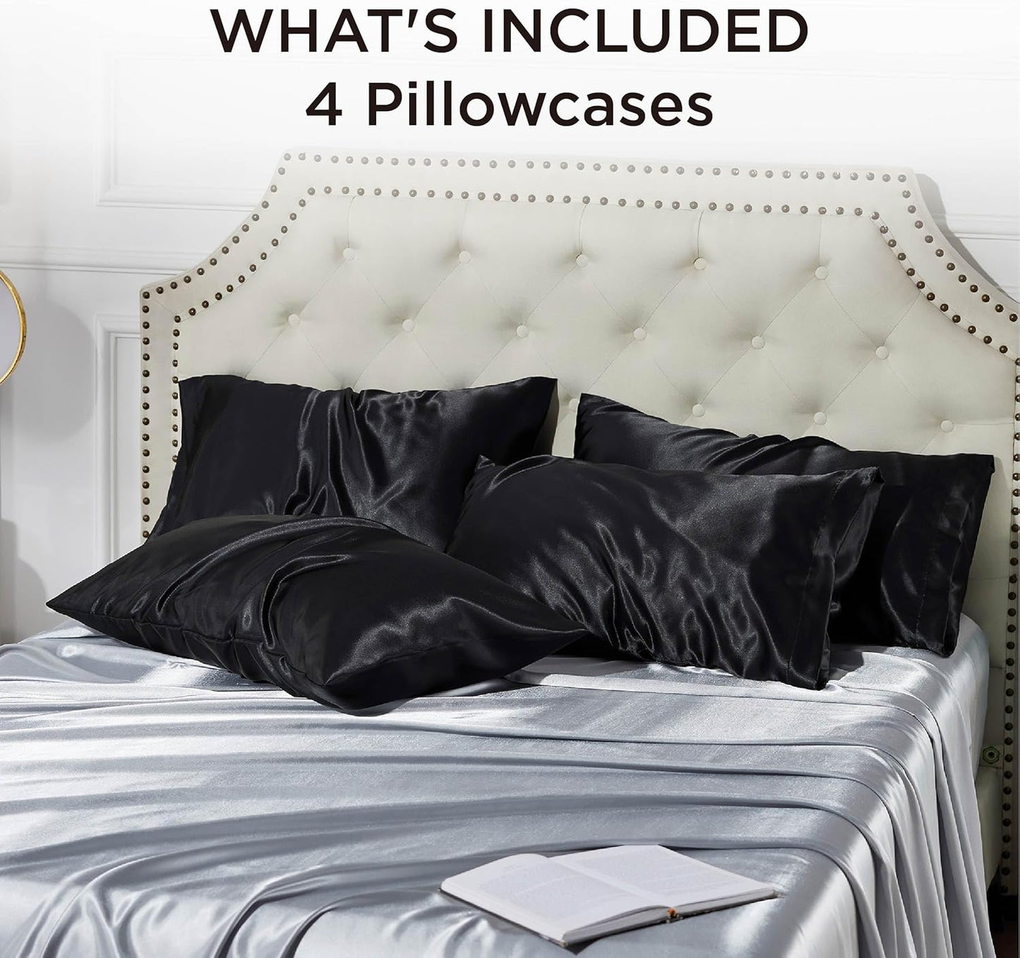 Bedsure King Size Satin Pillowcase Set of 4 - Black Pillow Covers for Hair and Skin 20x36 Inches with Envelope Closure, Similar to Silk Pillow Cases, Gifts for Women Men