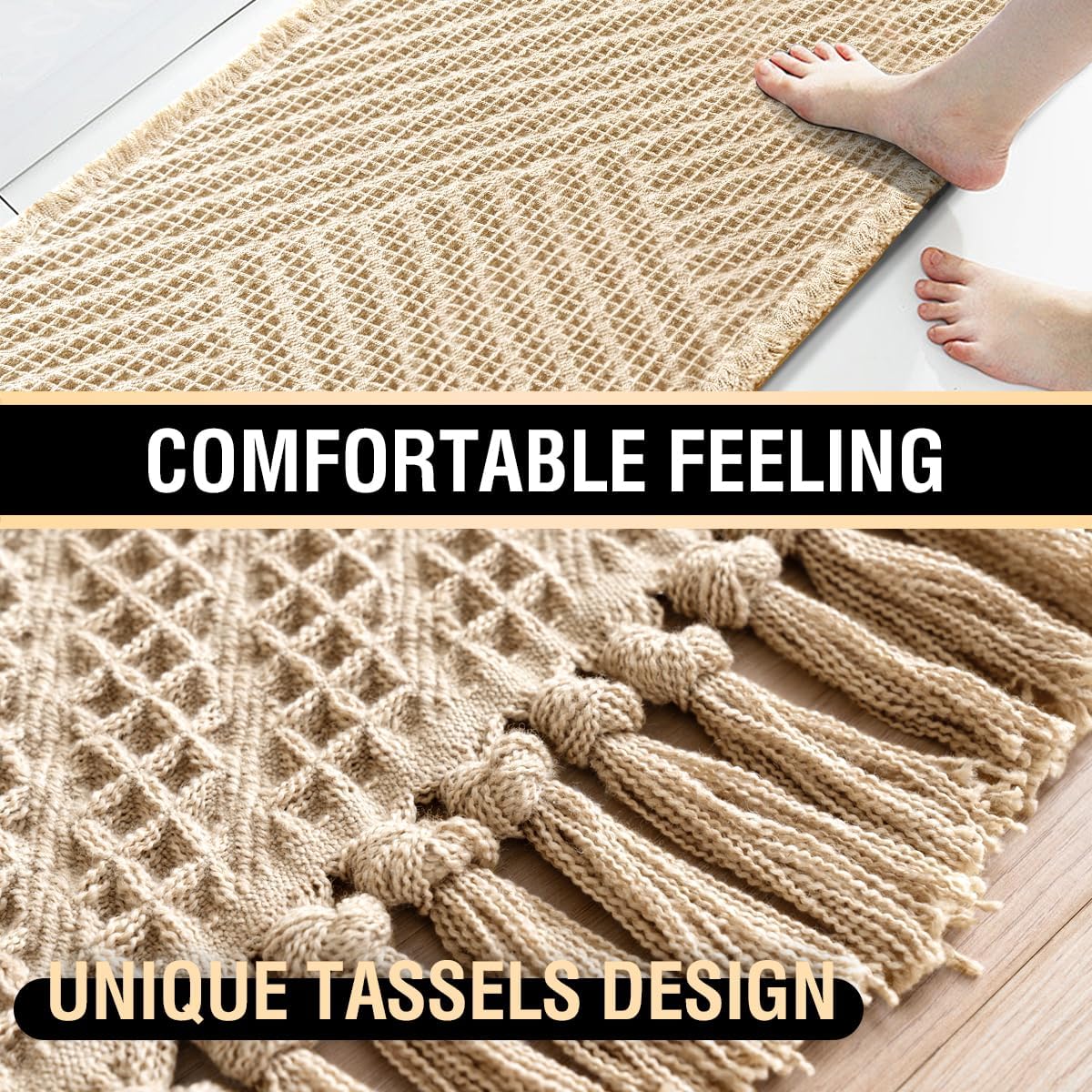 H.VERSAILTEX Waffle Bath Runner Rug Long Bath Mat Super Absorbent Boho Bath Rugs Non Slip Bath Runner for Bathroom Floor Machine Washable Dry Fast Bathroom Rugs with Tassels, 24" x 72", Sand