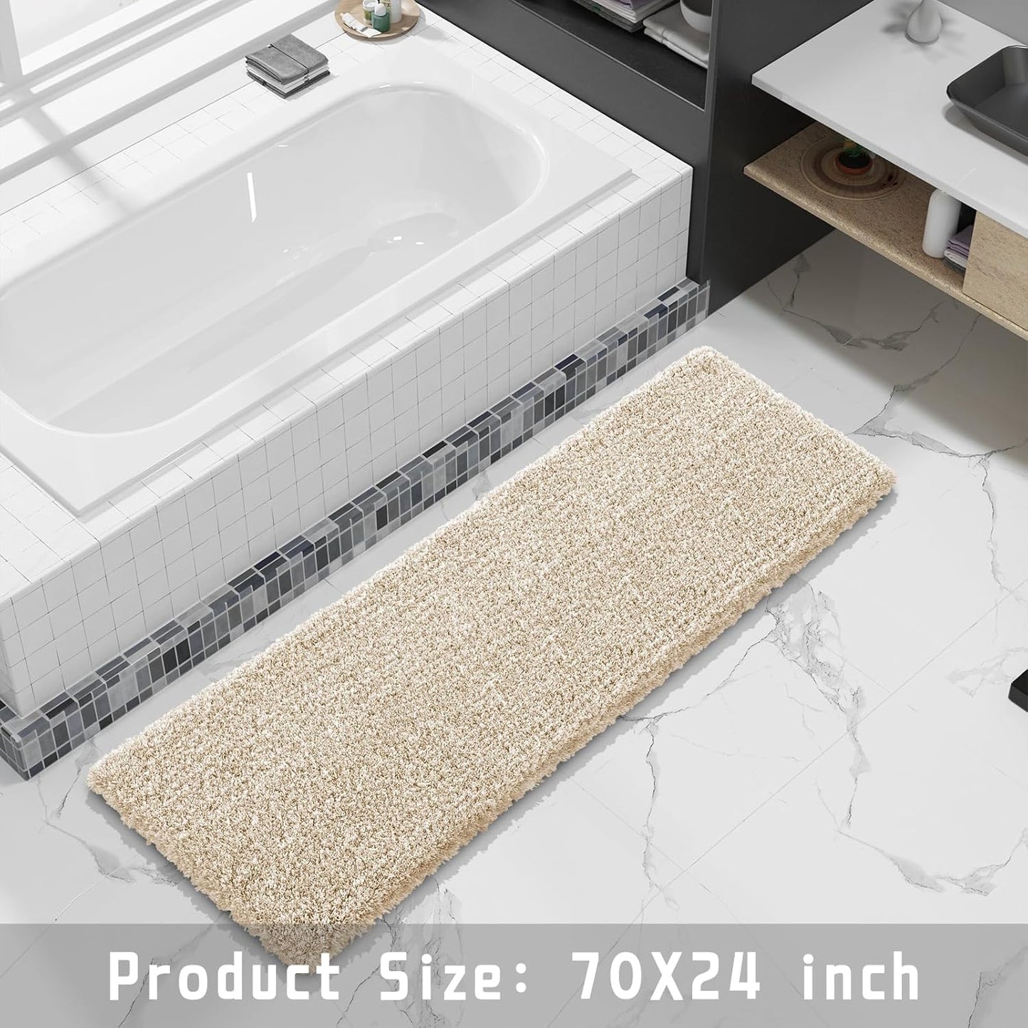 Yimobra Luxury Bathroom Rugs, Fluffy Bath Mats, Non Slip, Water Absorbent Microfiber, Machine Washable, Plush Runner Shower Rugs, Thick Matts for Bathroom Floor/Tub, 70"x 24", Light Beige and White