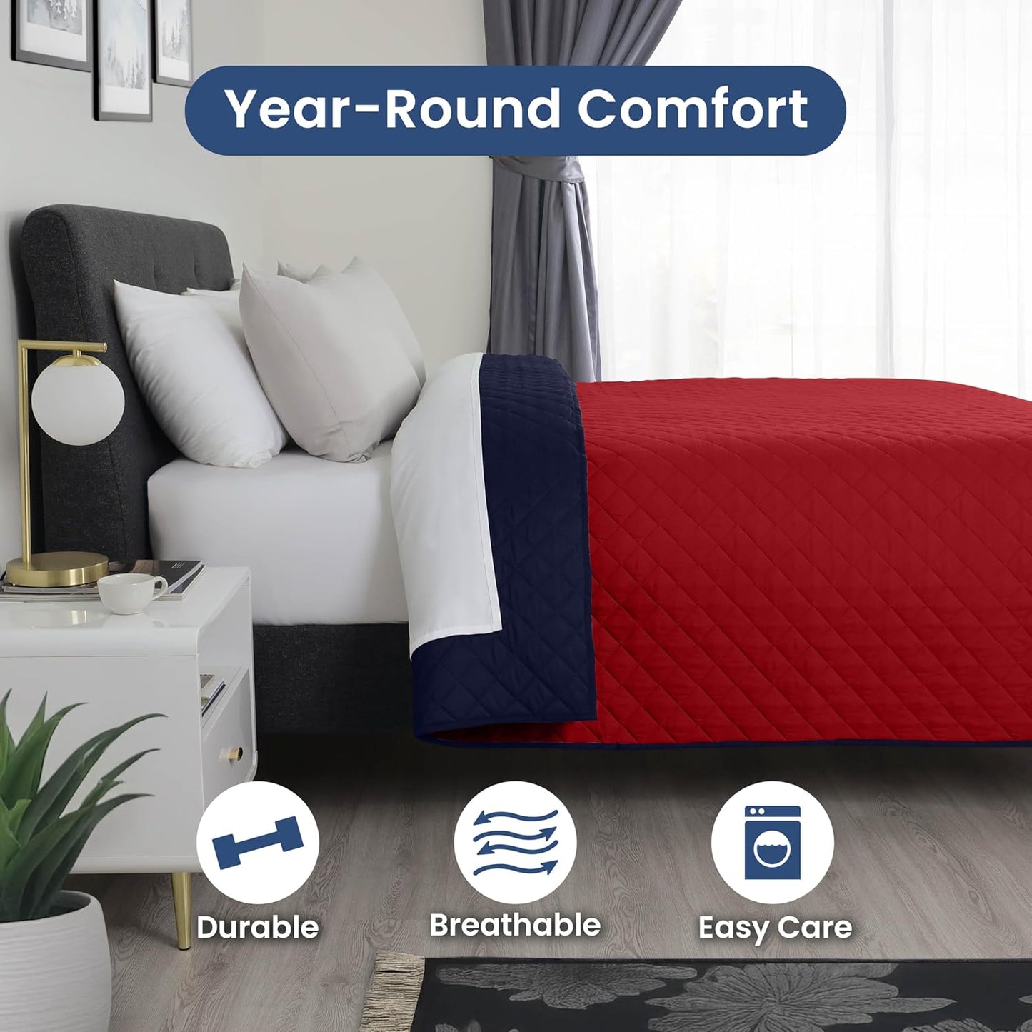 Martex Reversible Coverlet – Full Size Quilt – Queen Size Quilt - Lightweight Quilt Full Size– Durable Queen Size Quilts for Bed – Soft - Easy Care Bedding – Red/Navy