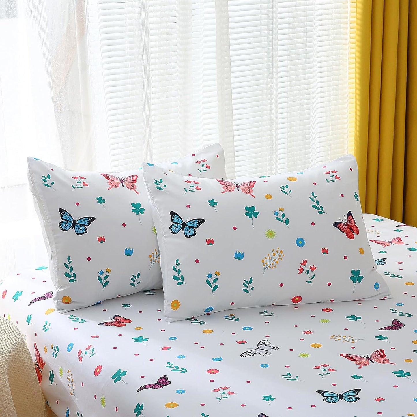 Wajade Queen Size Butterfly Comforter Set for Girls Kids Bedding Sets for Girls 7 Pieces Bed in a Bag Colorful Butterflies Flower Leaves Bedding Set All Season Lightweight
