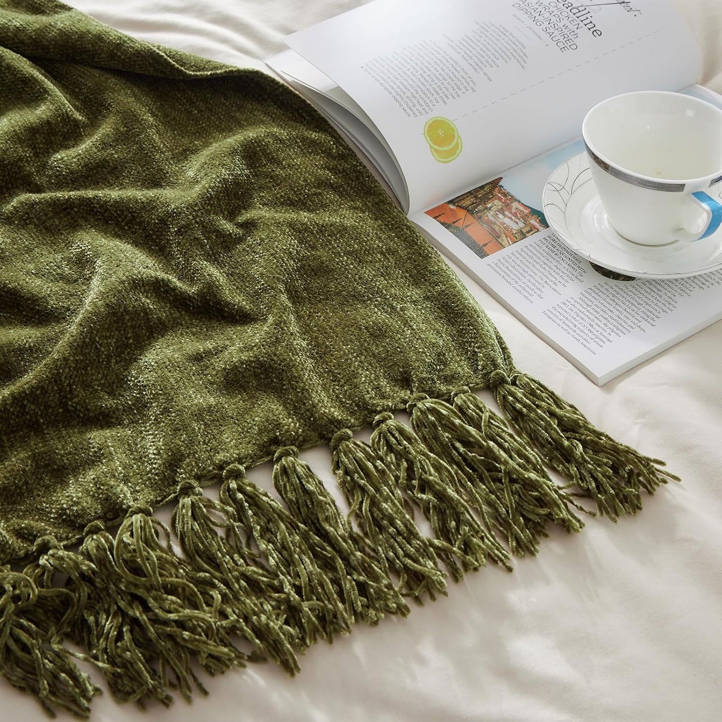 CozeCube Chenille Throw Blanket for Couch, Cozy Plush Fuzzy Decorative Olive Green Blanket with Fringe Tassels, Lightweight Throws for Bed Sofa Gift Home Decor, 50"X60"