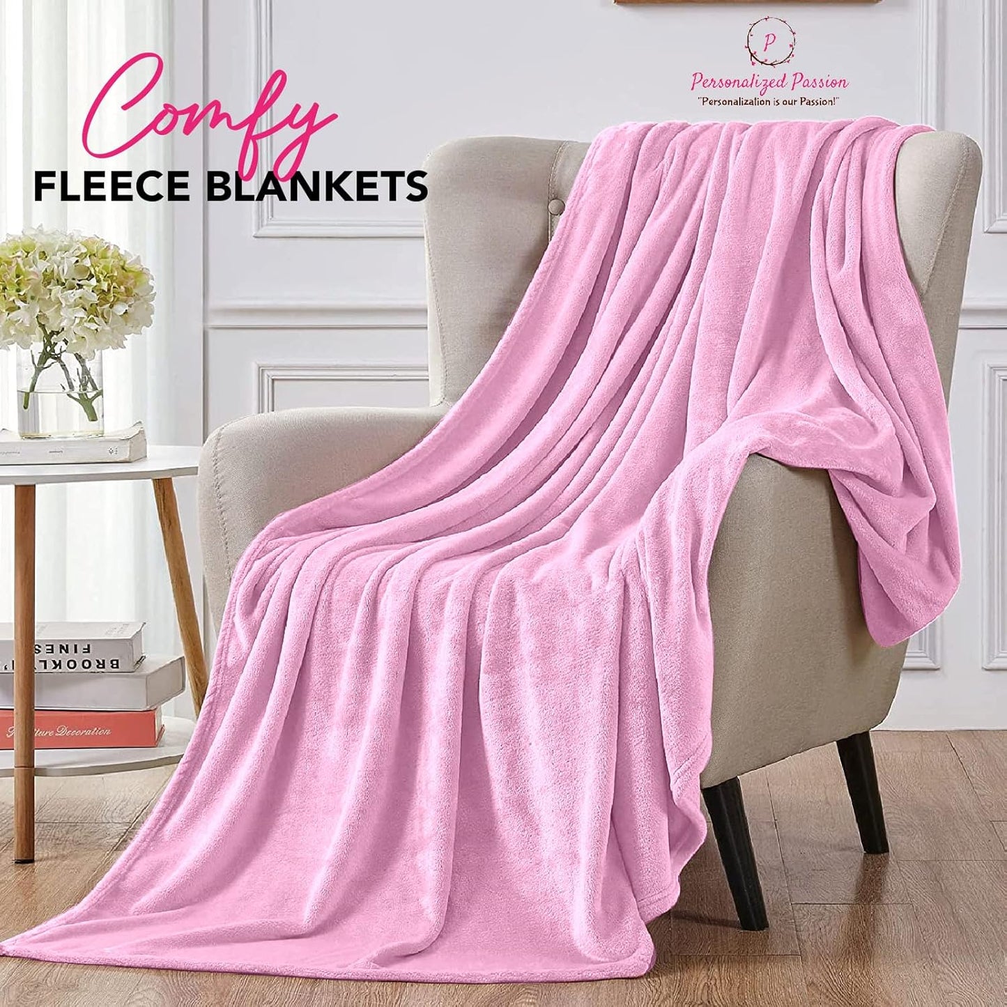 Personalized Blankets for Adults - Custom Blanket with Embroidered Name or Monogram - Soft Fleece Throw Cover for Bed & Couch - Light Pink (40"x60")