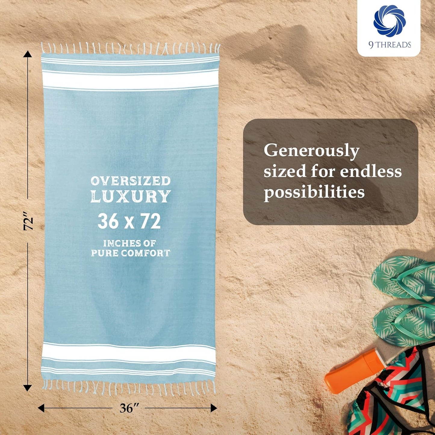 Cotton Turkish Beach Towel Towels Oversized 36"x72" Pool Absorbent Extra Large Quick Dry Sand Travel Towel (Aqua Blue, 2 Pack)