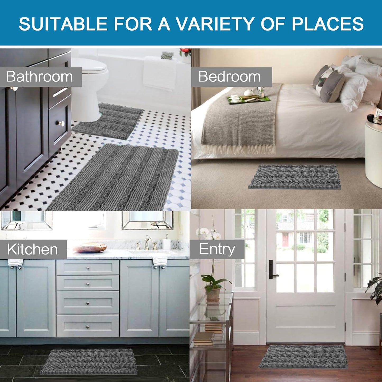 H.VERSAILTEX Bathroom Rugs Bath Rug Set 2 Piece Bathroom Contour Rug Toilet Mat Sets Non Slip Contour Bath Rug Ultra Thick Water Absorbent Striped Bath Mats Washable(20" x 32" Plus 20" x 20" U, Grey)