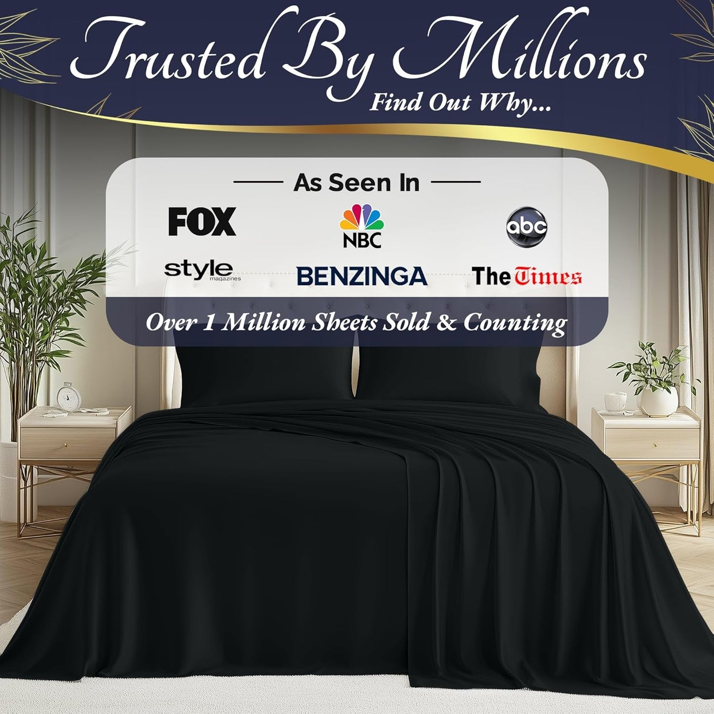 DECOLURE 100% Viscose Derived from Bamboo Sheets Cal King Size 4pcs - Ultra Soft & Luxuriously Cooling, 17" Deep Pocket, Double Stitching, Perfect for Hot Sleepers - King Bed Sheets (Black)