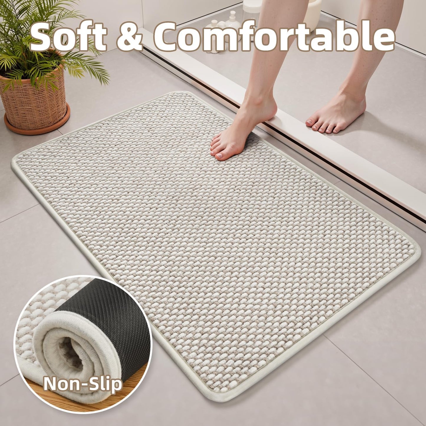 PADOOR-Bath Mat-Super Absorbent Chenille Bathroom Mats-Rubber Backed Bath Mats for Bathroom Non Slip, Easy Clean Bathroom Rugs Front of Bathtub,Shower Room,Sink-17×35, Beige&Cream