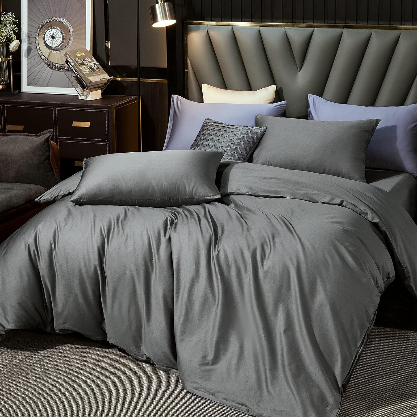 MooMee Duvet Cover Set 100% Extra Long Staple Cotton 600 Thread Count Silky Sateen Smooth Luxury Soft Breathable Durable Hotel Quality Bedding, 3 Pieces (Dark Gray, King 104"x90")