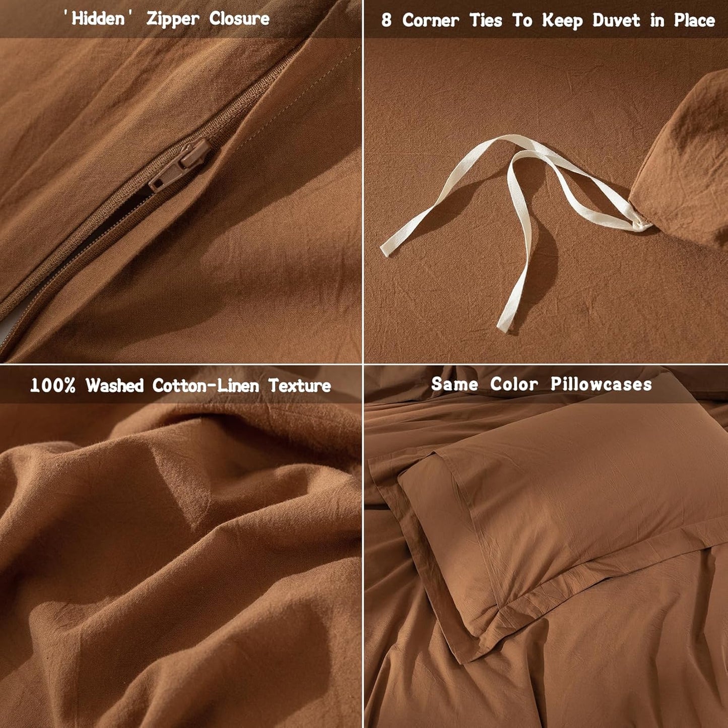 100% Washed Cotton Dark Orange Duvet Cover California King Size Bedding Set Cover 1 Duvet Cover with Zipper Closure Plus 2 Pillowcases, 104inch x 98inch