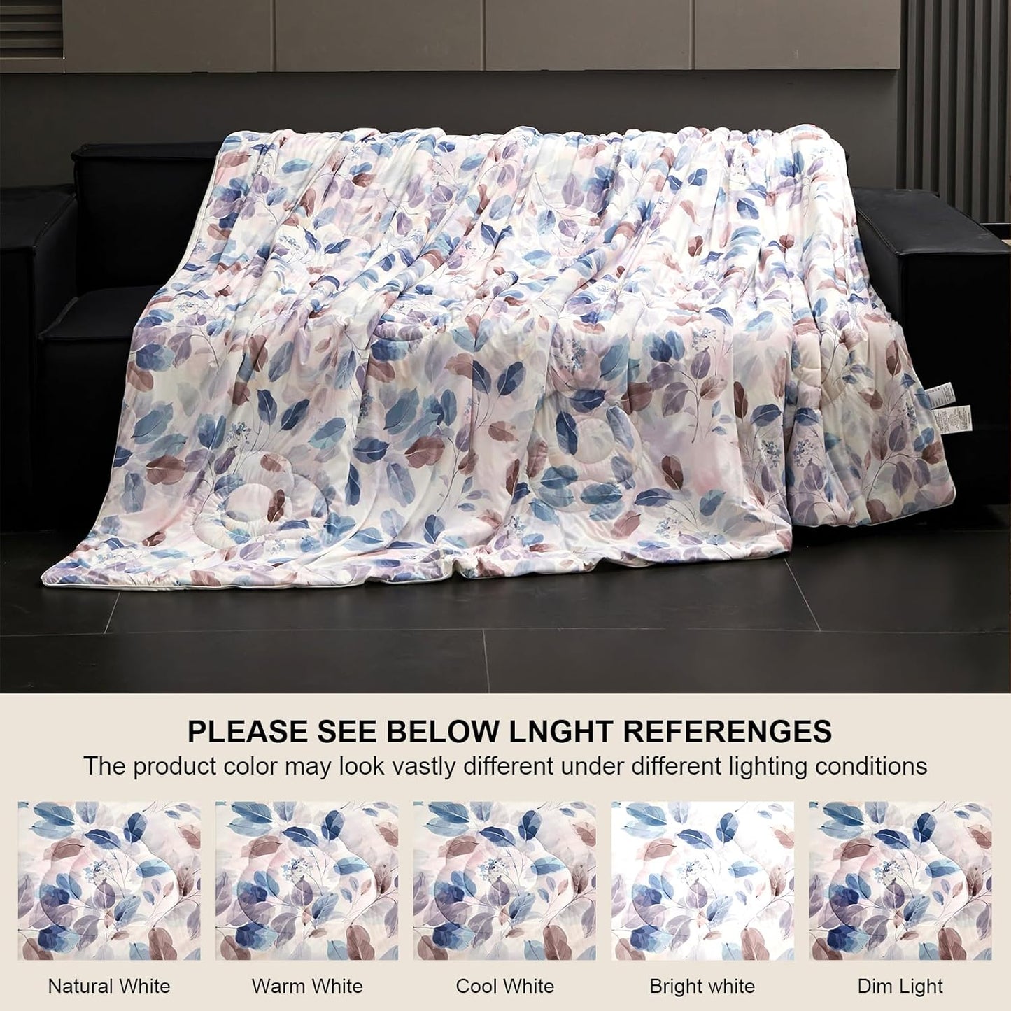 Cyusri Print Cooling Comforter Set 3Pcs Breathable Cool King Size Bedding Set with 2 Pillowcases Leaf Pattern Silky Cold Quilt, Blue 108"x90"