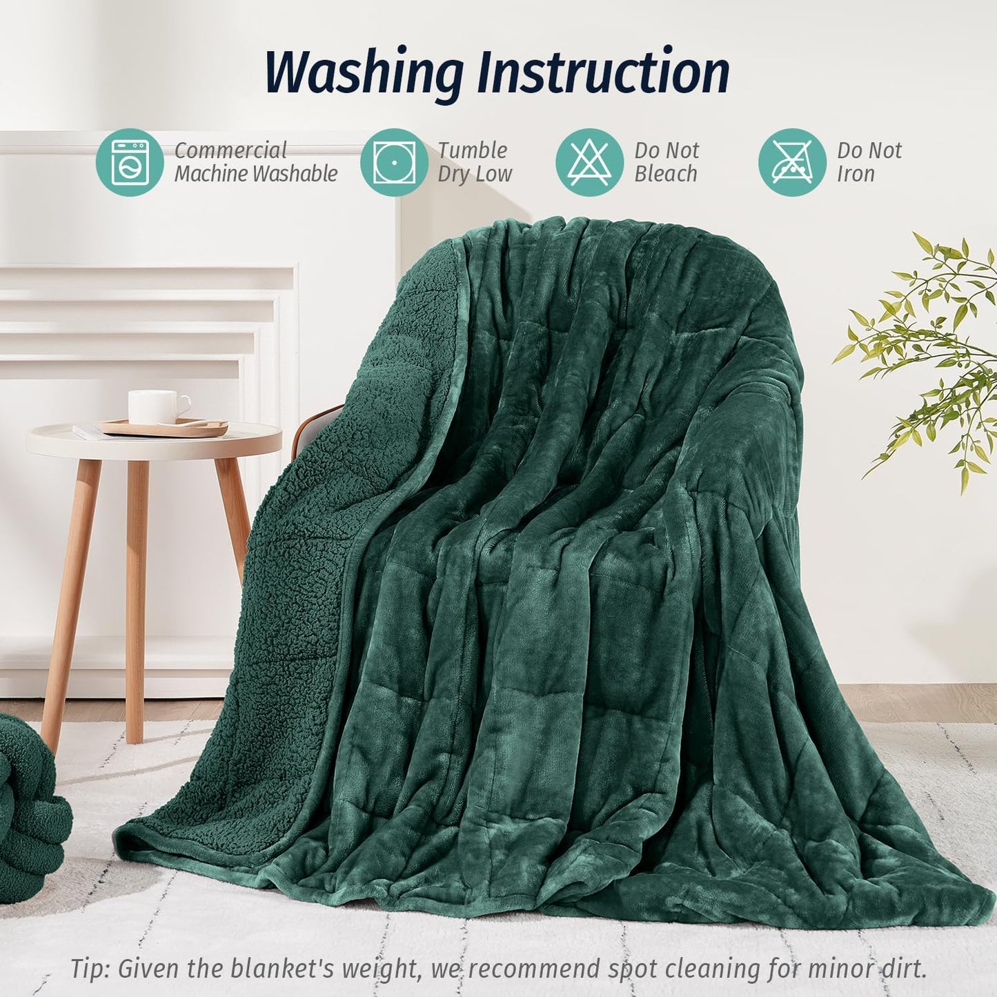 Wemore Sherpa Fleece Weighted Blanket for Adult, 15 lbs Dual Sided Cozy Fluffy Heavy Blanket, Ultra Fuzzy Throw Blanket with Soft Plush Flannel Top, 80 x 87 inches, Green on Both Sides