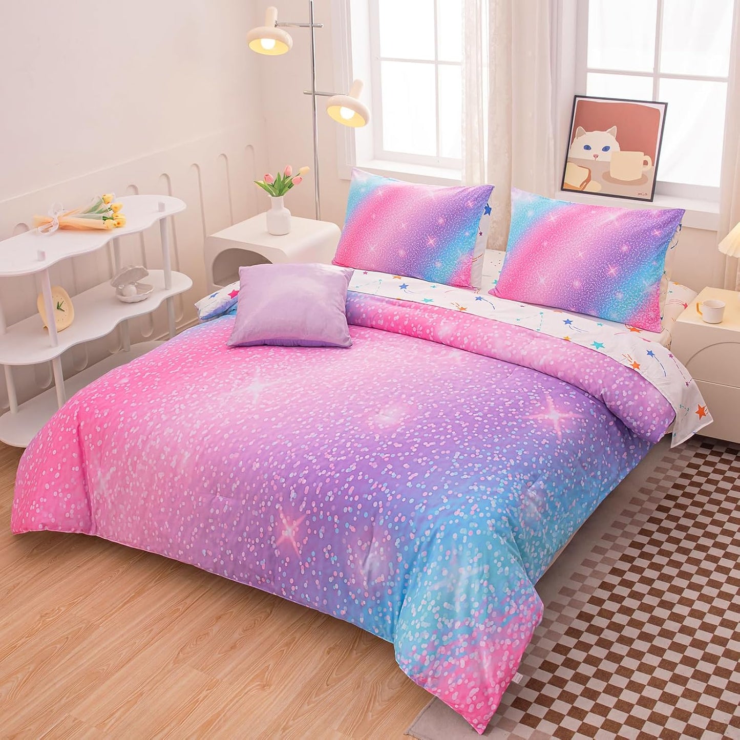 Rainbow Bedding Set Twin Size โ 6-Piece Reversible Girls Comforter with Deep-Pocket Sheet, Gradient Galaxy Design, Whole-Piece Filling, Machine Washable Bed-in-a-Bag for Kids Room Makeover & Gifts