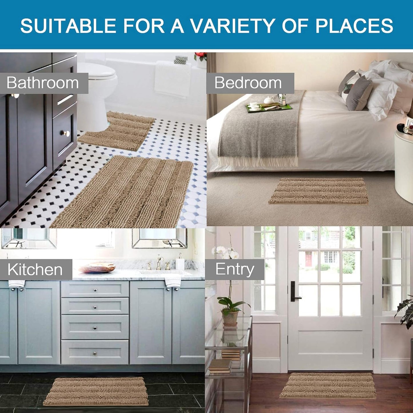 H.VERSAILTEX Bathroom Rugs Bath Rug Set 2 Piece Bathroom Contour Rug Toilet Mat Sets Non Slip Contour Bath Rug Ultra Thick Water Absorbent Striped Bath Mats(36" x 24" Plus 20" x 24" U, Taupe Brown)