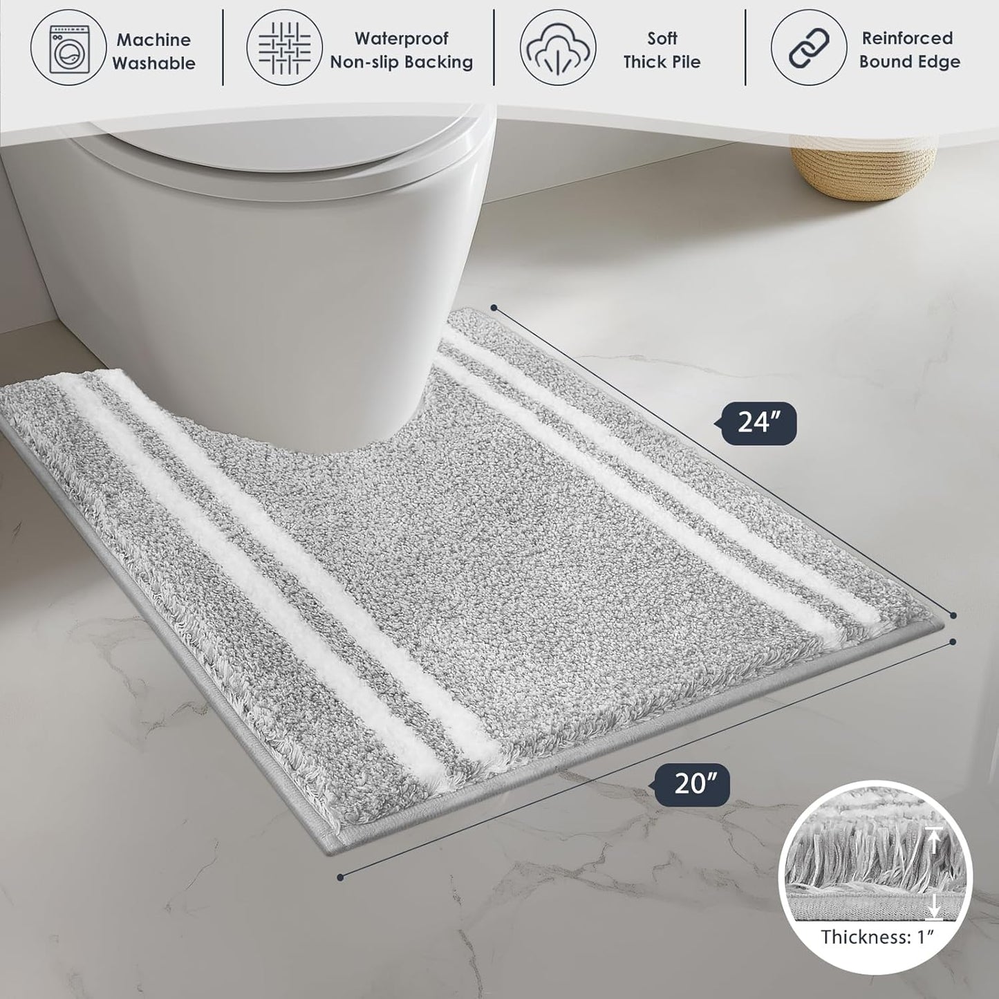 PURRUGS Bathroom Rug Non-Slip Machine Washable 20" x 24" U-Shaped, Super Absorbent and Quick Dry Shaggy Microfiber Bath Mat, Extra Soft and Plush Contour Rug for Toilet Base, Light Grey