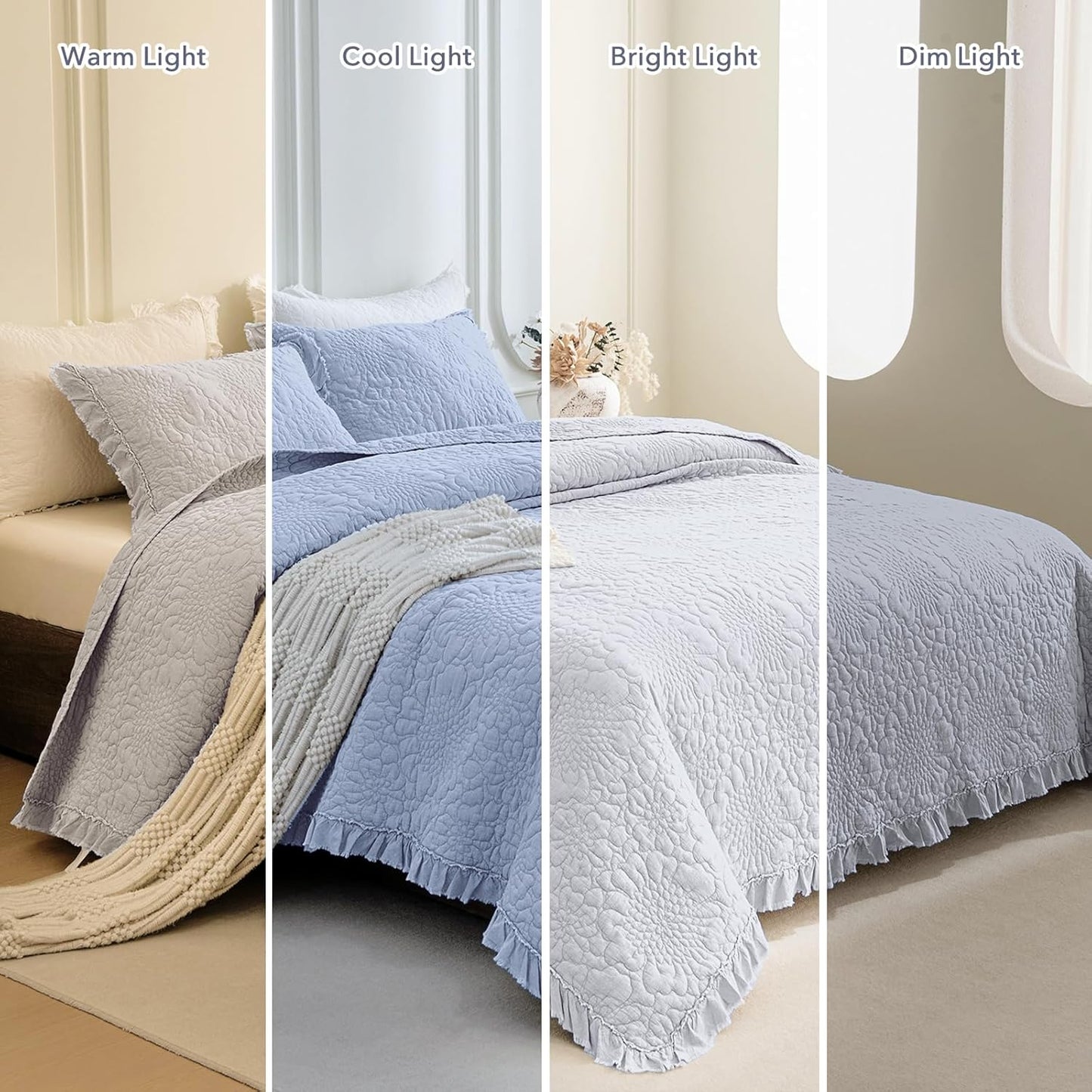 QSH 3PCs Stonewashed Cotton Quilt King (110"x98"), Cornflower Blue Ruffled Quilt King Size Bedding Set, Ultra Lightweight Soft Crinkled Bedspread Coverlet King Shabby Farmhouse Chic Bedding Set
