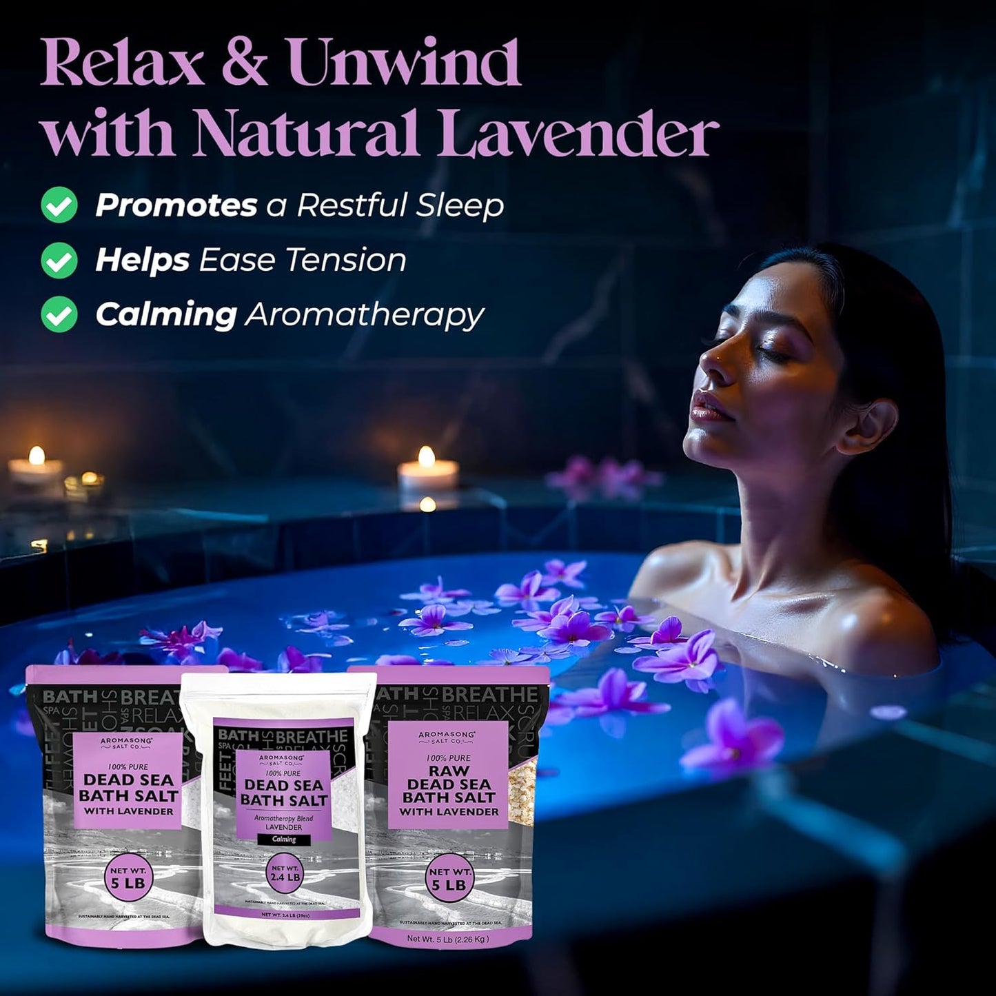 Aromasong Pure Dead Sea Salt for Soaking with 100% Natural Lavender, 19 LB - Spa Bath Salt Fine Grain - Body Wash Scrub - Soak for Women & Men- Bulk Resealable Pack