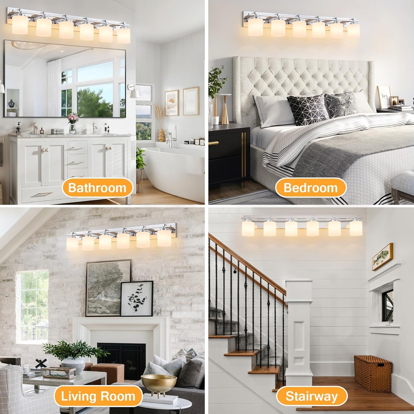 6 Light Modern Bathroom Light Fixtures Over Mirror, Chrome Vanity Lights for Bathroom Wall Sconces with Milky White Glass Shades, E26 Socket (Bulbs Not Included)