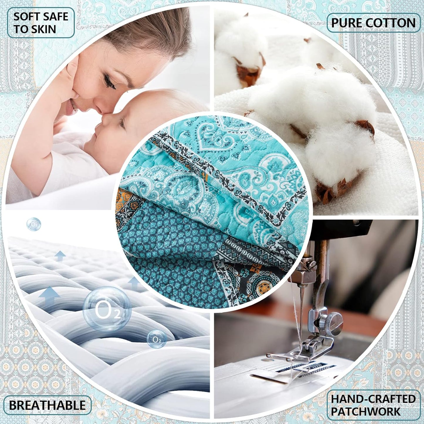 BEDIFANY Cotton Queen Size Quilt, Lightweight Bedspread Queen Size, Teal, Quilted Coverlets Queen Quilt Bedding Sets for Bed Decorations for All Seasons. 3 Pieces