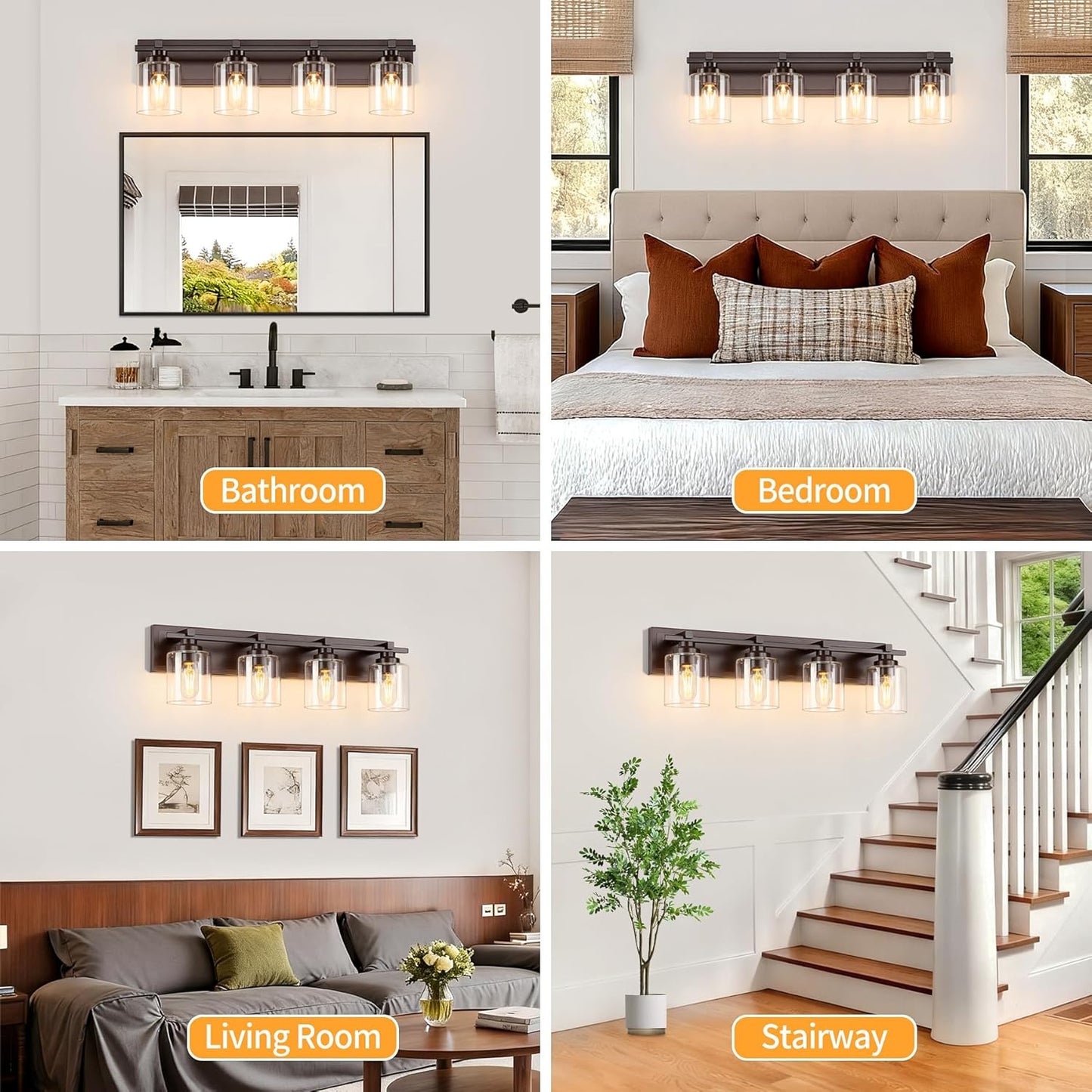4 Light Modern Bathroom Light Fixtures Over Mirror, Bronze Finish Vanity Lights for Bathroom Wall Sconces with Clear Glass Shades, E26 Socket (Bulbs Not Included)