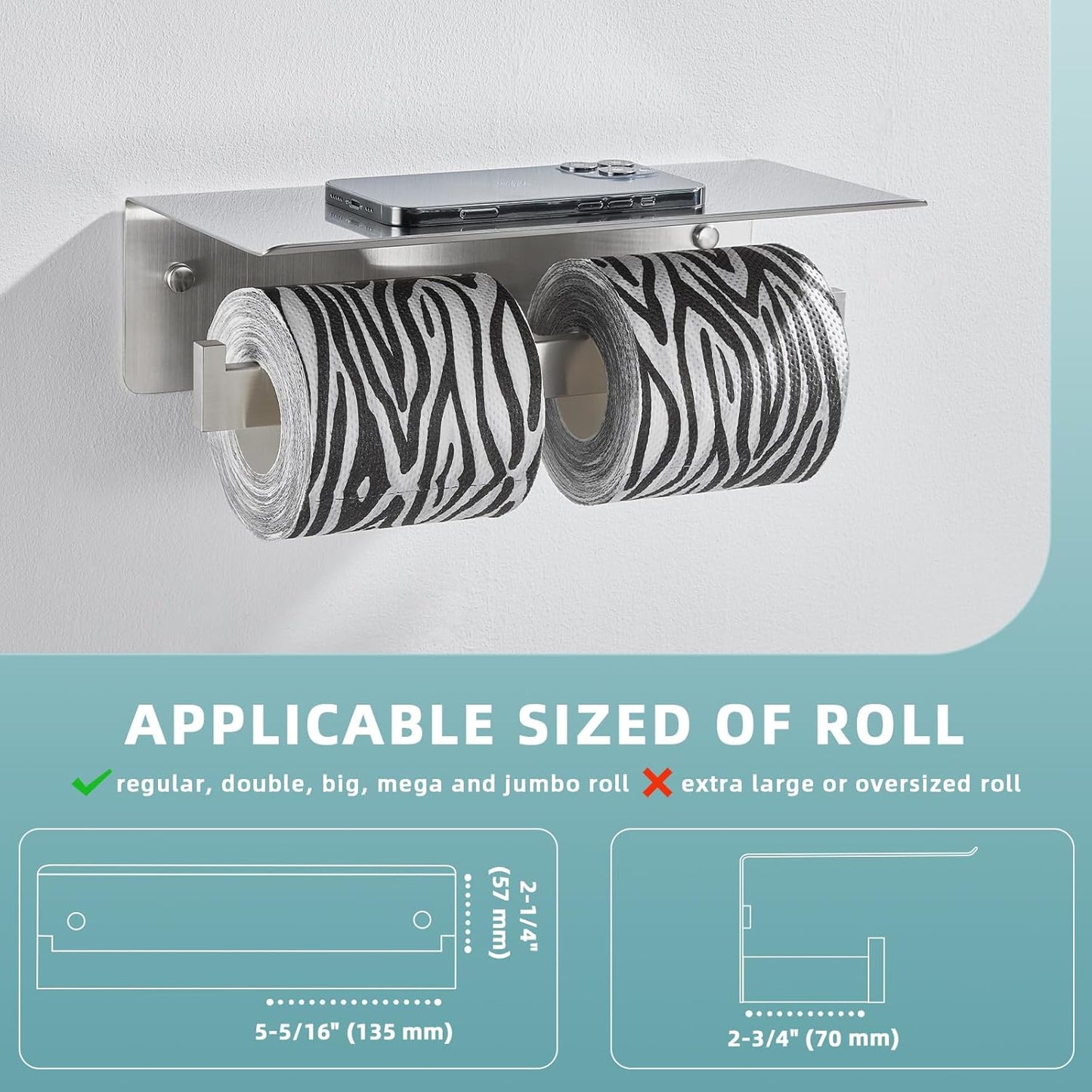 Angle Simple Double Toilet Paper Holder with Shelf, SUS 304 Stainless Steel Bathroom Lavatory Toilet Tissue Roll Holder Wall Mount, Brushed Nickel