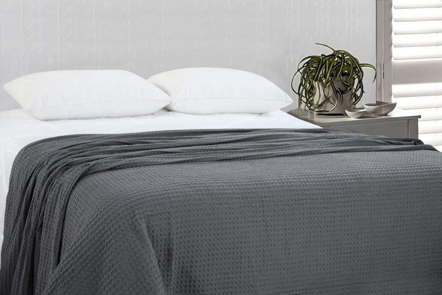 HILLFAIR 100% Combed Cotton Blanket– King Size Bed Blankets– Warm Soft All Season Breathable Lightweight Summer Blankets– Waffle Weave Home Decor Bed Blanket- Grey King Bed Cotton Blankets/Bedcovers