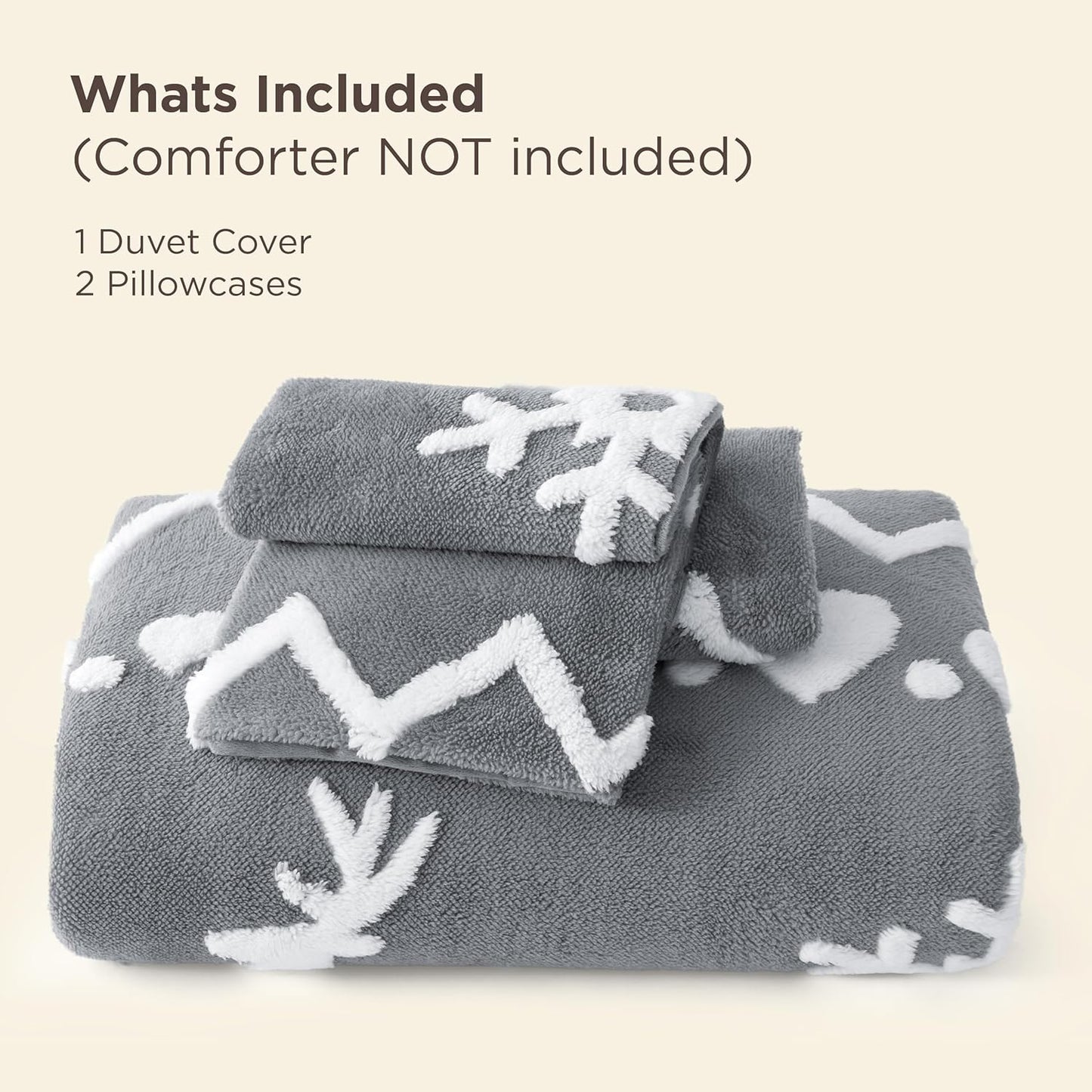 Bedsure Fluffy Christmas Duvet Cover Set - Ultra Soft Plush Shaggy Comforter Cover King Size, Warm Flannel Fleece Bed Sets for Winter, 3 Pieces, Reindeer Pattern, Grey