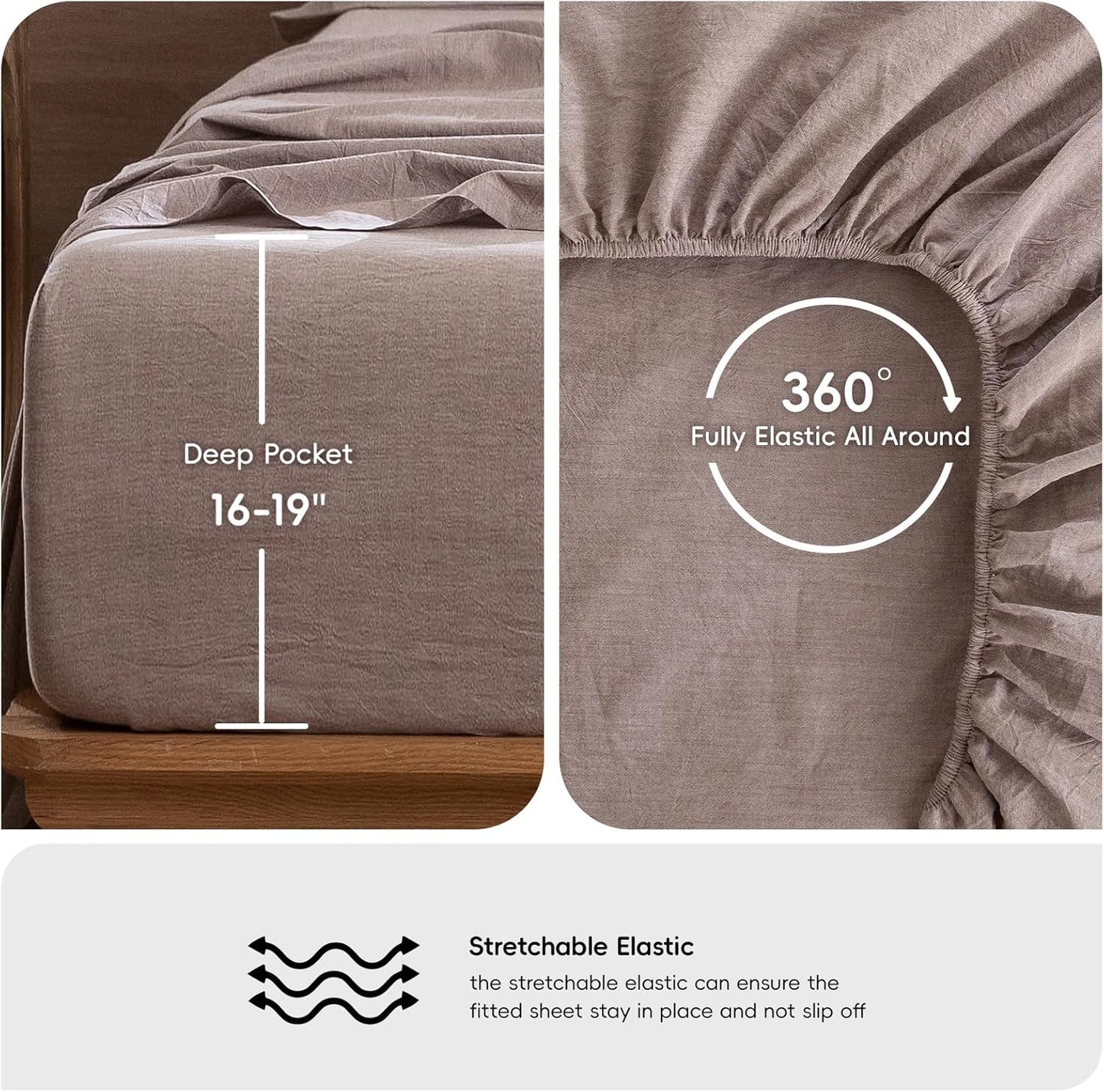 MooMee Bedding Sheet Set 100% Washed Cotton Linen Like Textured Breathable Durable Soft Comfy (Heathered Mauve Brown, California King)