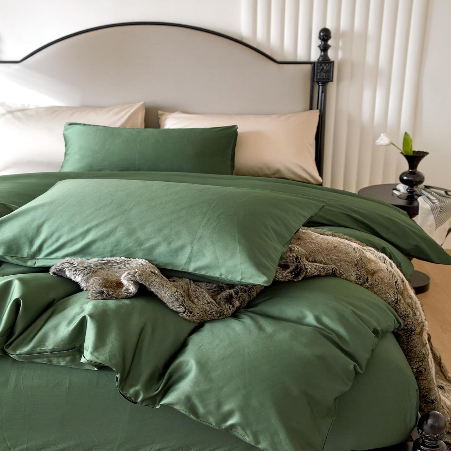 PURE ERA Duvet Cover Set 800 Thread Count Long Staple Cotton Sateen Silky Soft Luxurious Smooth 3 Piece Set Forest Green Cal King