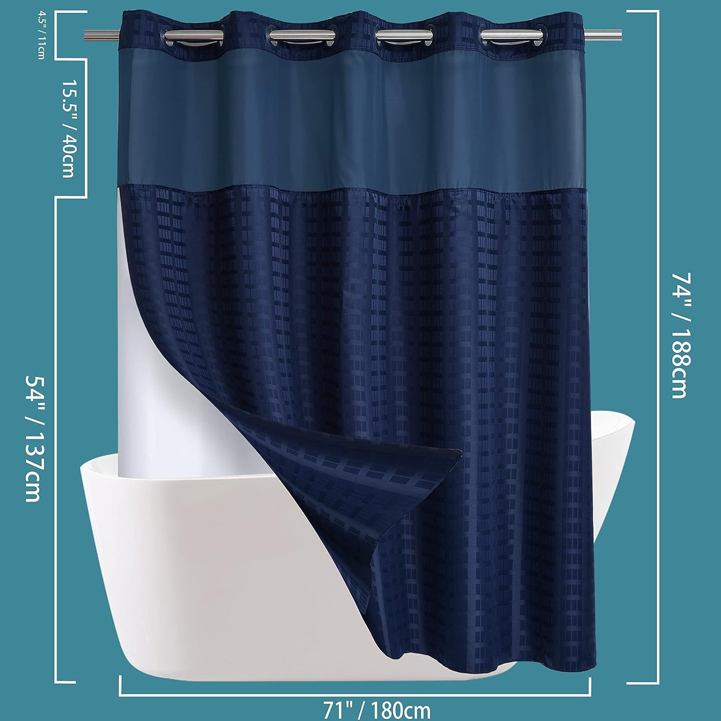 Conbo Mio No Hook Shower Curtain with Snap in Liner Set, Hotel Luxury Navy Blue Shower Curtains for Bathroom with See Through Top Window, Waterproof, Washable 71W x 74H